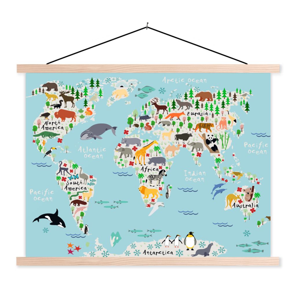 MuchoWow Textilposter Weltkarte - Kinder - Tiere - Blau - Orca - Wal 120x90 cm mit holzfarbenen Rahmen - Magnetisch