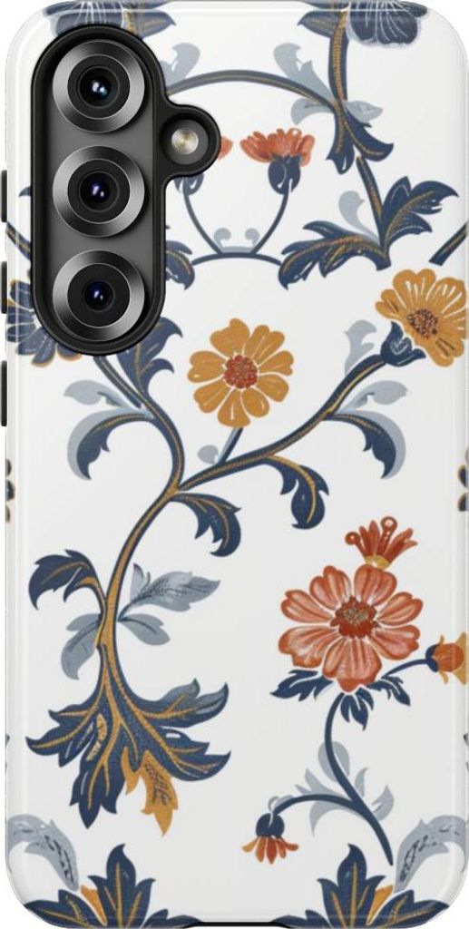 Retro-Blumenmuster in Blau und Orange – Hülle Kompatibel mit Galaxy S25