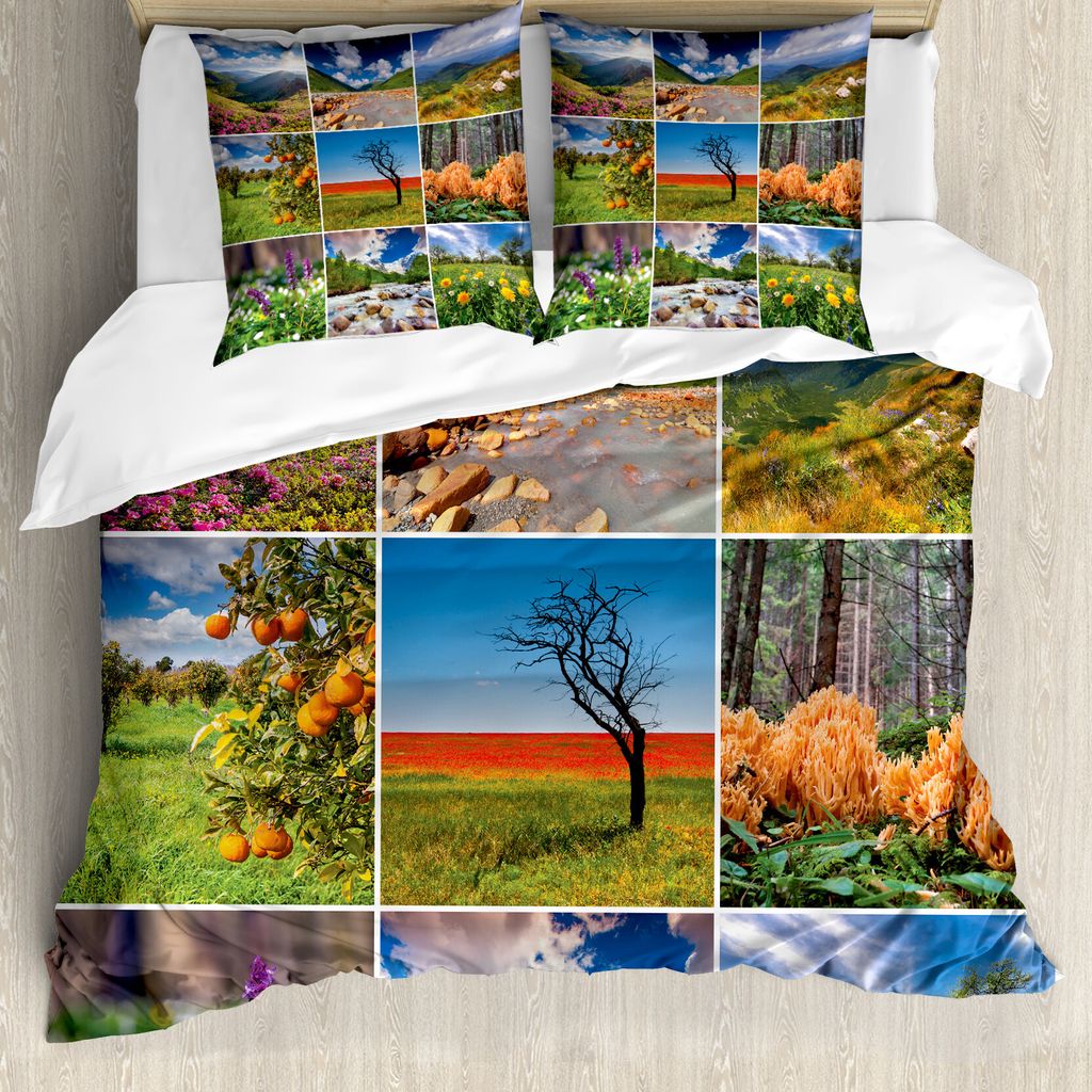 ABAKUHAUS Natur Bettbezugs Set Für Doppelbetten, Frühlingslandschaft, Milbensicher Allergiker geeignet mit Kissenbezügen, Mehrfarbig
