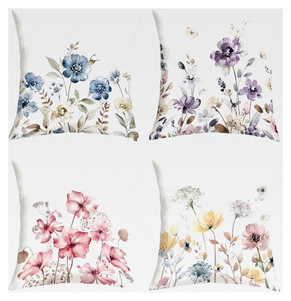 Joymasion Kissenbezüge 45x45 cm 4er Set Frühling Sommer Aquarell Blumen Dekorative Kissenhülle Lila Garten Wildblumen Deko für Sofa Couch Schla...