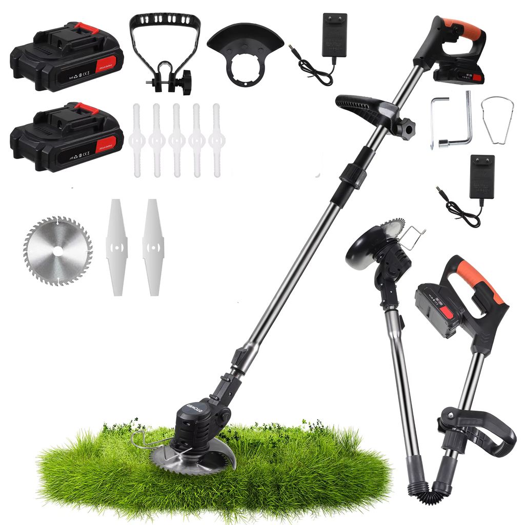 A collection of cordless grass trimmer parts and accessories laid out on a white background, with a small patch of grass in the foreground.