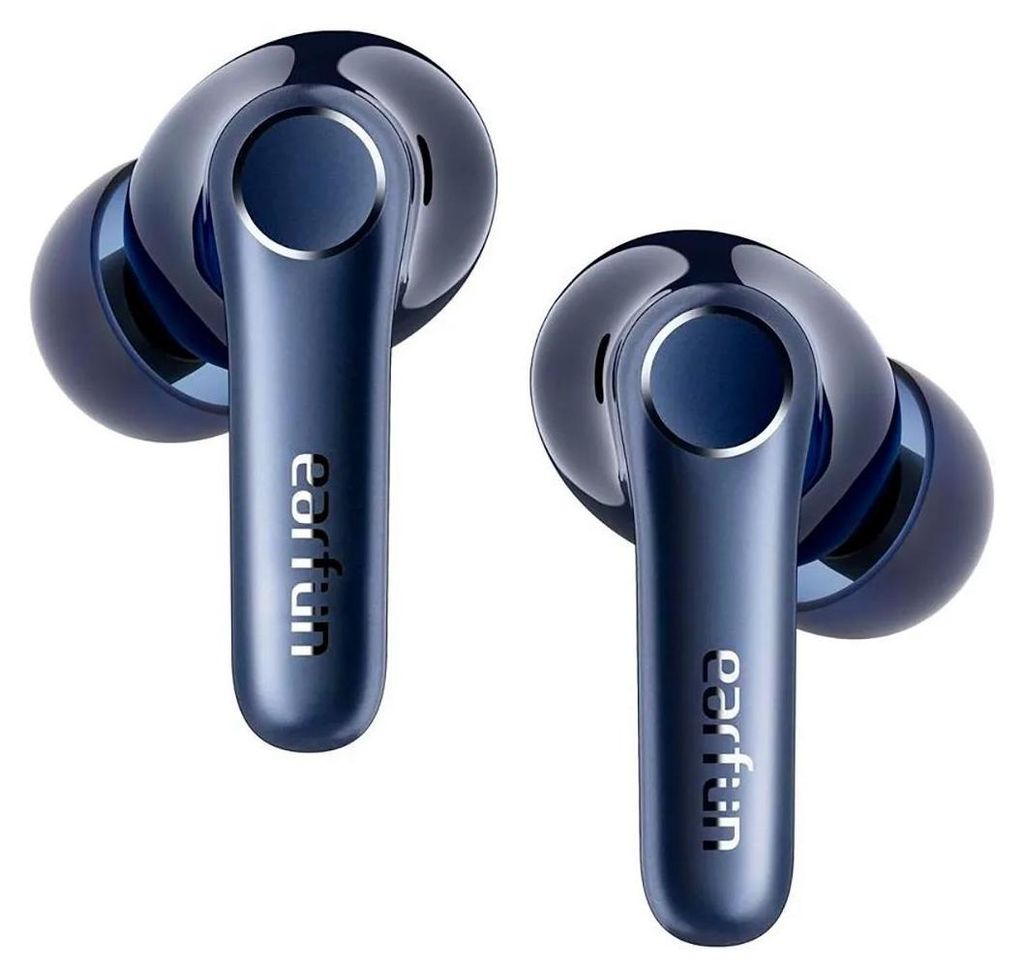 A pair of blue wireless earbuds on a white background.