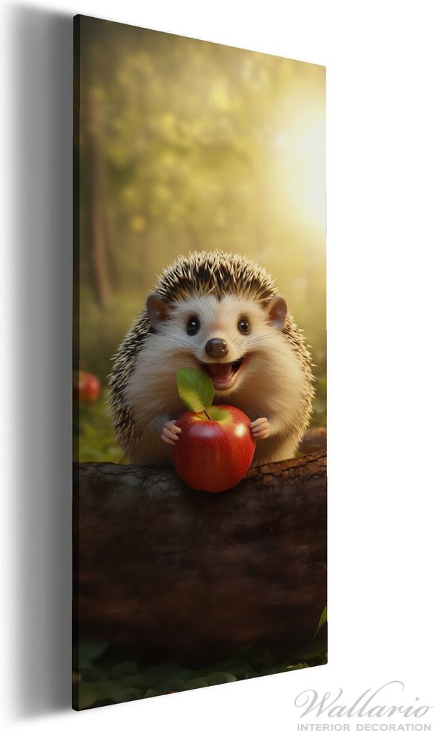 Wallario Premium Leinwandbild Lächelnder Igel mit Apfel in Größe 50 x 125 cm