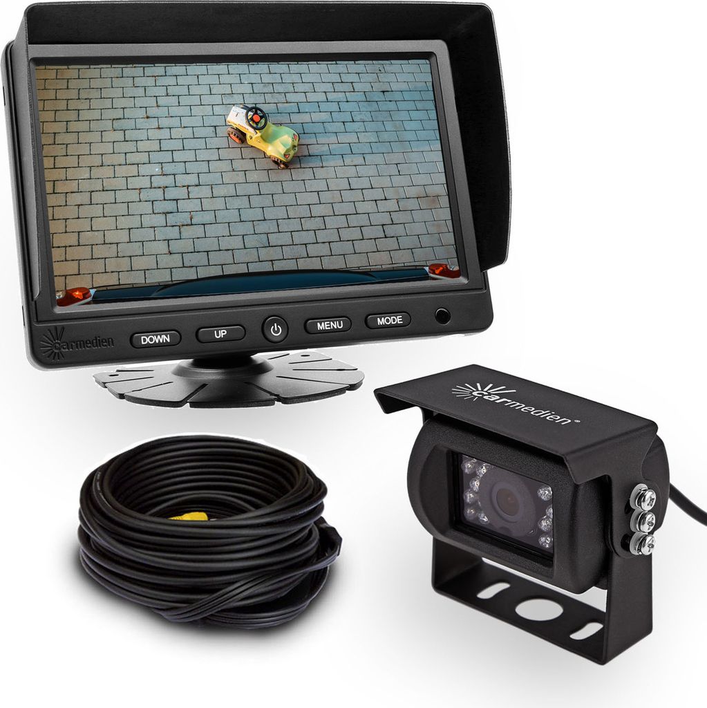 Carmedien Rückfahrsystem CM-ESRFS3S mit Edelstahl 120 Grad Rückfahrkamera schwarz und 7 Zoll TFT Monitor Rückfahrvideosystem 12V bis 24V