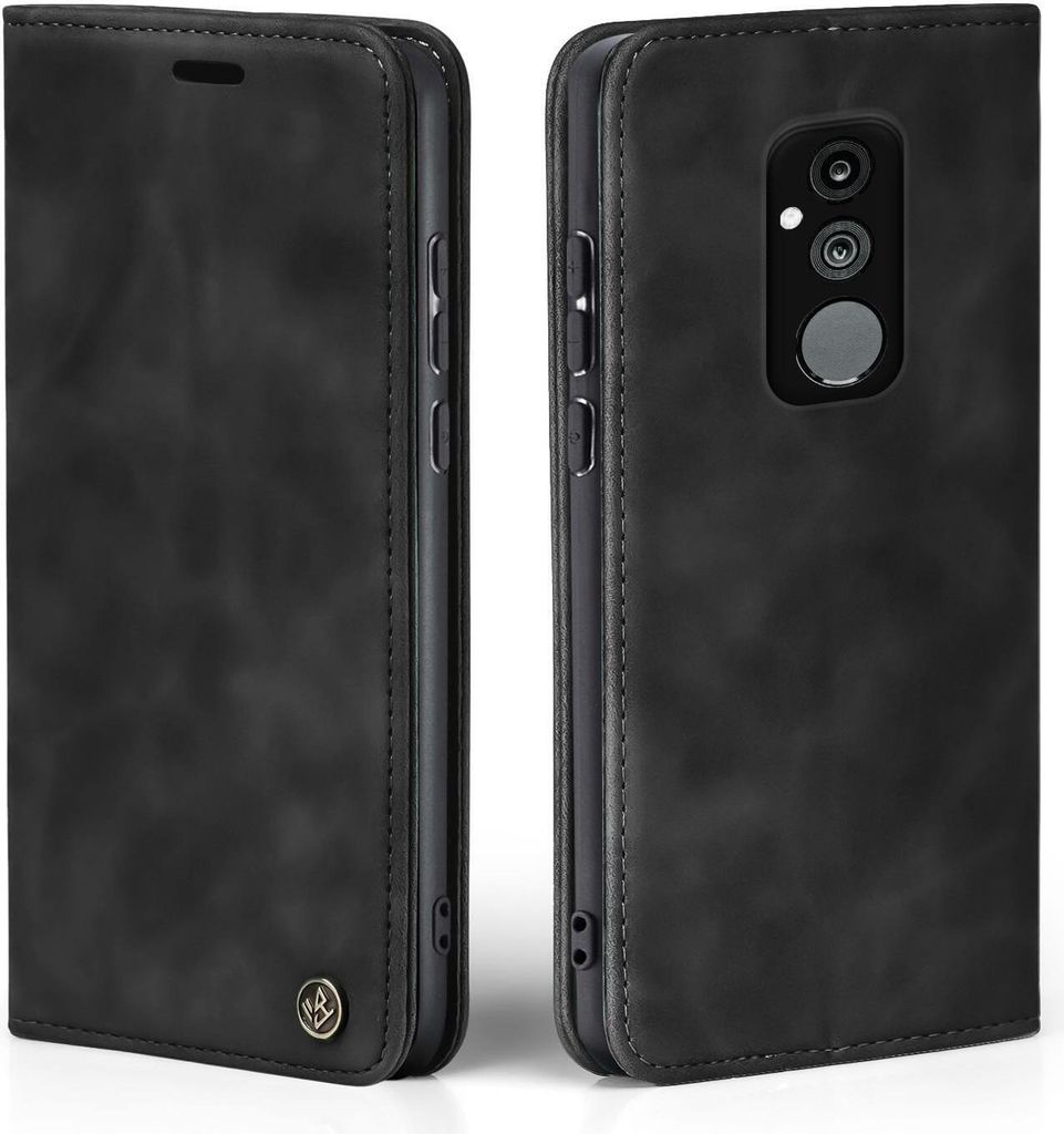 A black flip cover case for a smartphone is shown from two angles.