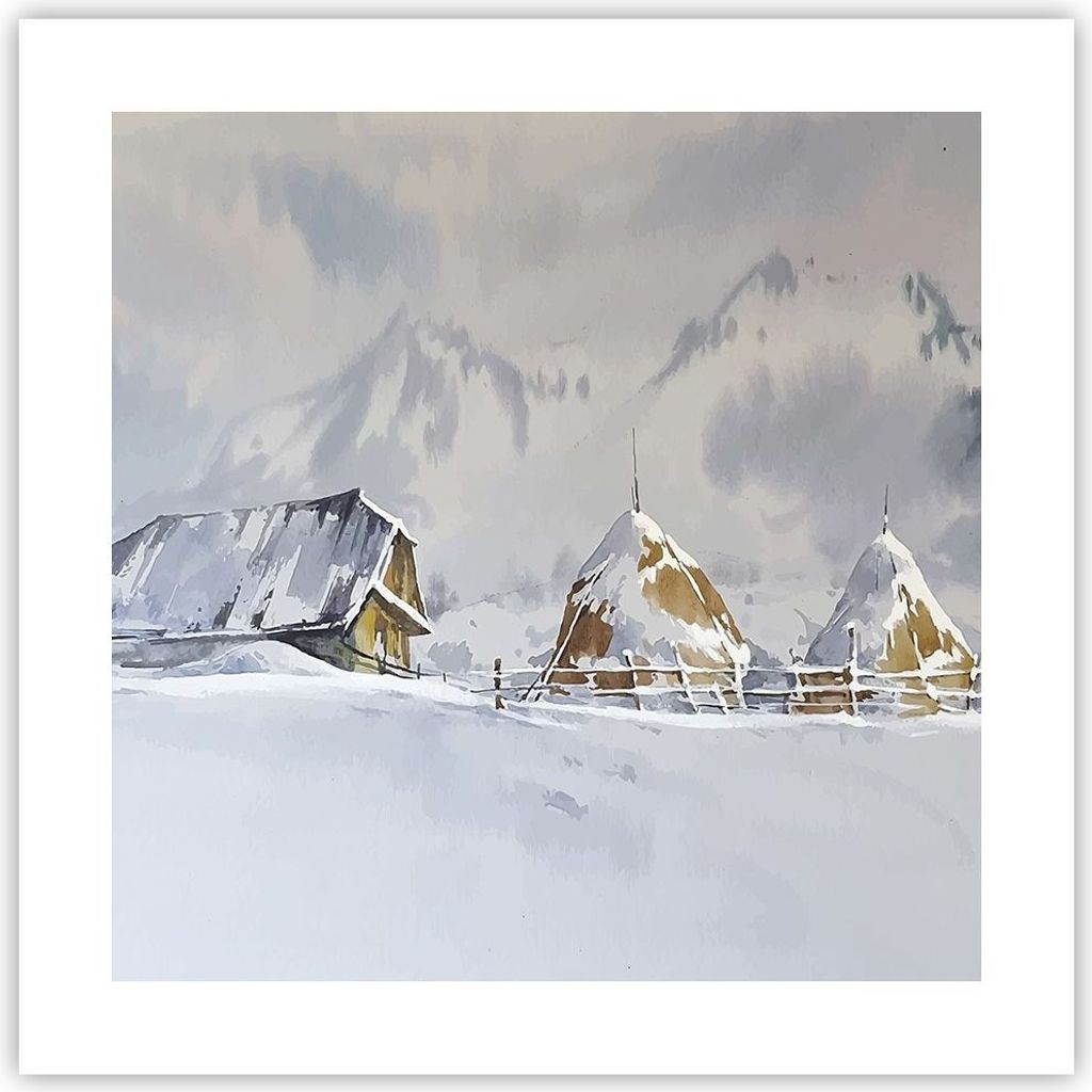 Poster - Poster ohne Rahmen - Haus Berge Schnee - 40x40 cm - Wand Bild - Wanddeko - Wandbilder - Kunstposter - Wandposter - Bilder - Kunstdruck - W...