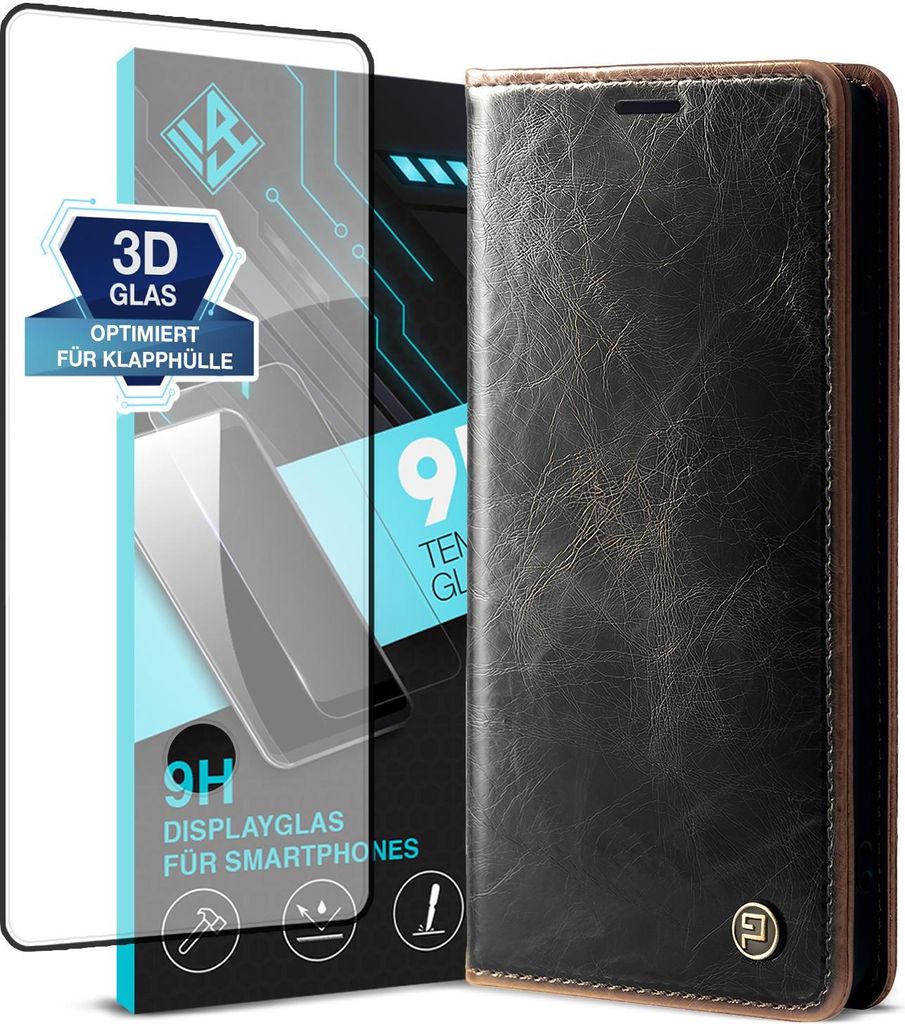 Handyhülle für Samsung Galaxy S10+ mit 9H Displayglas Kunstleder Flip Vintage Cover Hülle RFID Schutz Case Kartenfach Farbe: Dunkelbraun