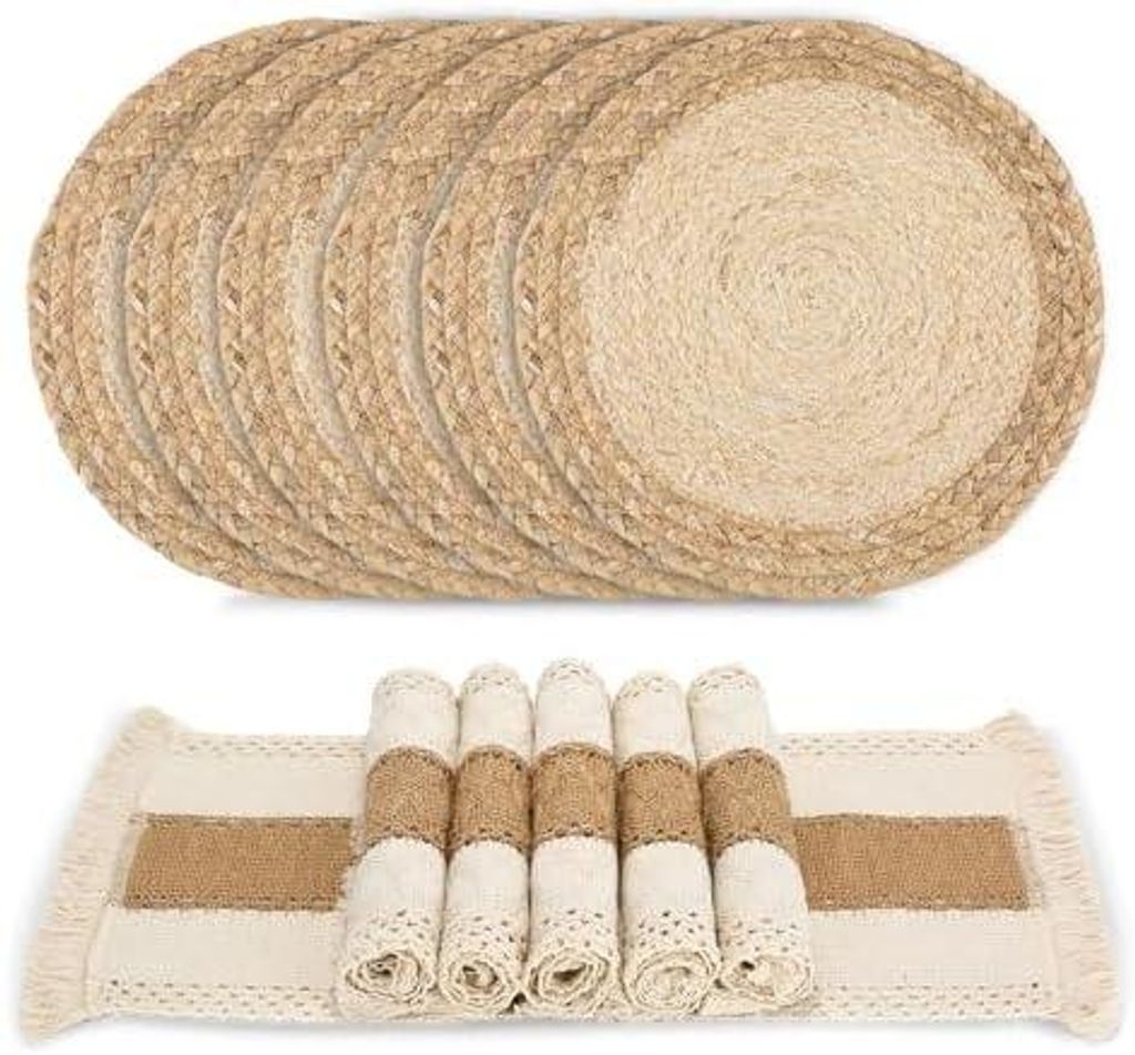 Boho-Tischsets, gewebt, fš¹r Familienessen, Urlaub, Kš¹che, Tischdekoration, natš¹rliche, runde Tischsets aus Klettengras und Maisschale, umw...