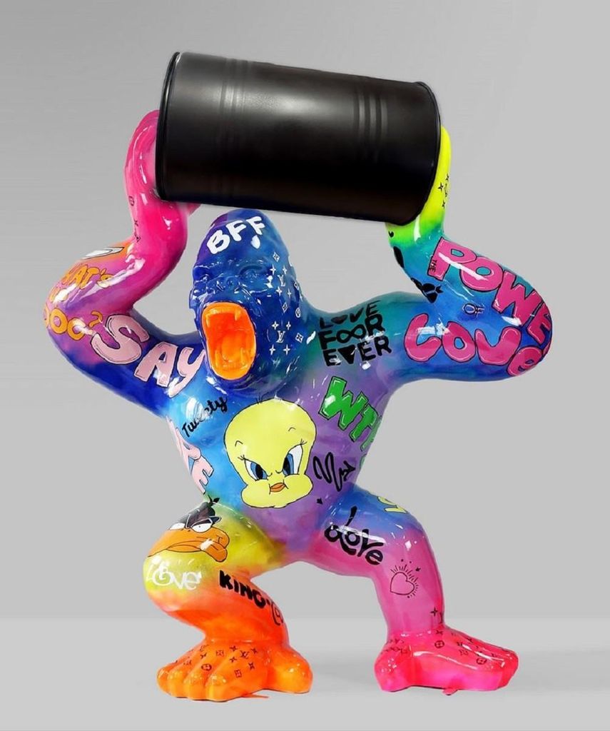 Casa Padrino Luxus Deko Skulptur Gorilla Affe mit Fass Mehrfarbig / Schwarz H. 140 cm - Große Deko Figur - XXL Deko Skulptur - XXL Deko Figur - Wo...