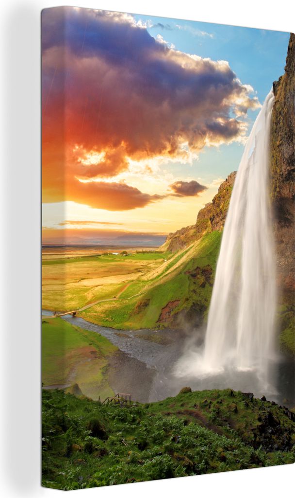 OneMillionCanvasses - Leinwandbilder - 90x140 cm, Wasserfall - Felsen - Sonnenuntergang - Berge - Orange, Wandbilder Kunstdruck Wanddekoration - ...