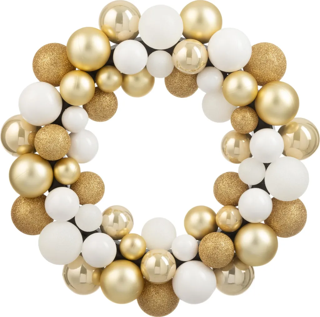 Décoration de Table Noël : Couronne J-Line Boules Blanc/Or Plastique