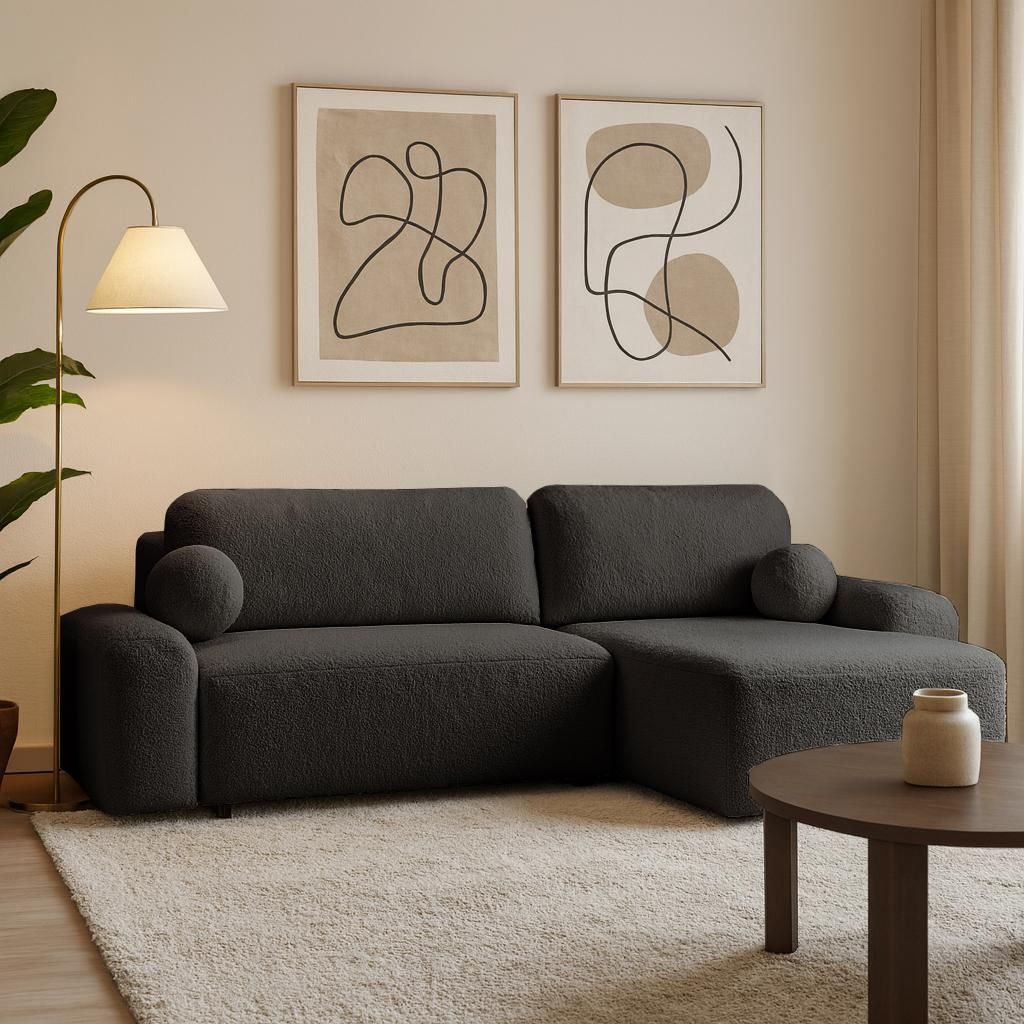 Ecksofa NOEL mit Schlaffunktion, Bettkasten & universeller Ottomane, Schwarz