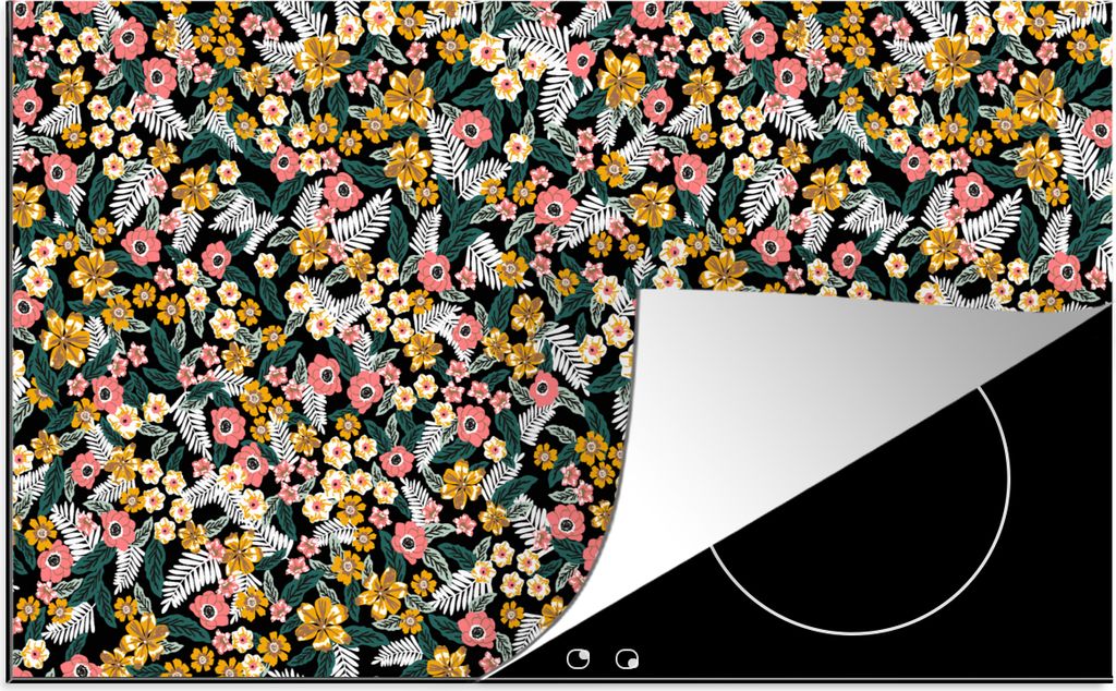 KitchenYeah Herdabdeckplatte Blumen - Regenbogen - Muster , 90x52cm, Küche Deko, Glaskeramikfeld Herdabdeckung, Abdeckplatte fùr Kochfeld