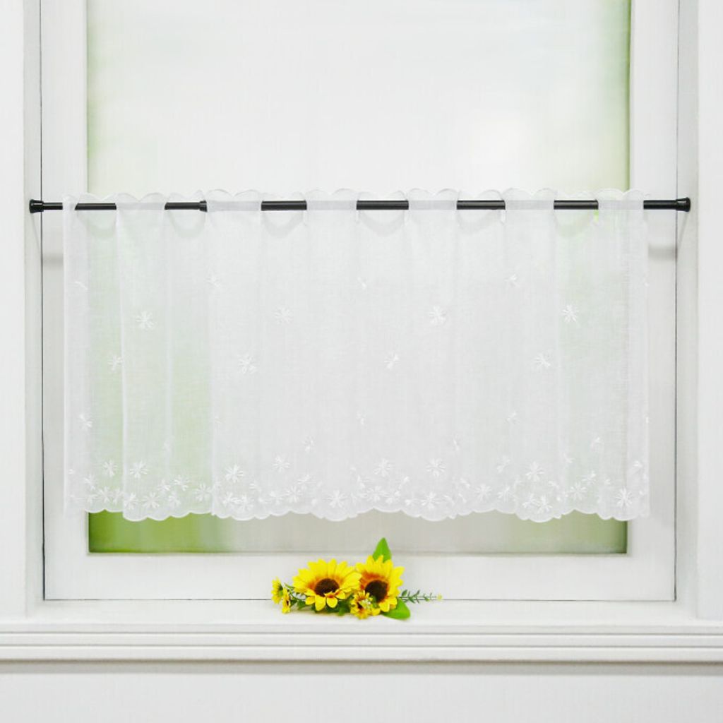 Scheibengardine, Bistrogardinen Vintage, Blumenstickerei Leinenoptik Transparent Bestickt Kurzstore, Stangendurchzug, Weiß HxB 30x90 cm