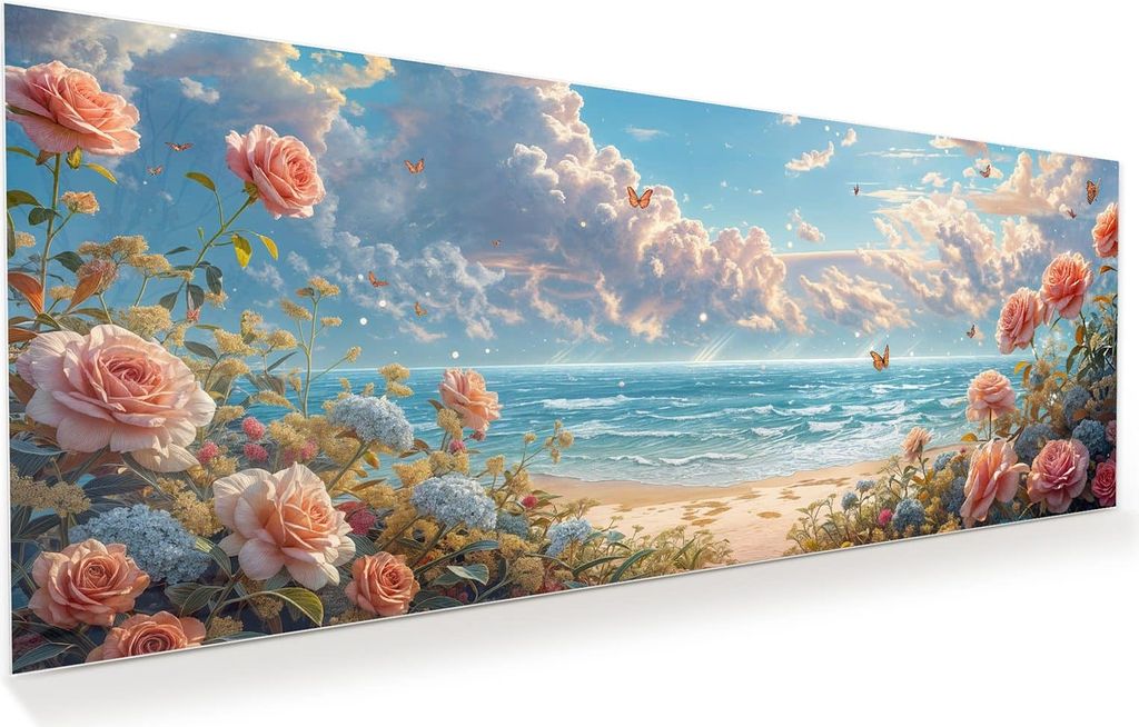 Glasbild 100x40cm in XXL für Wohnzimmer, Schlafzimmer Motiv Strandzeit mit Rosen