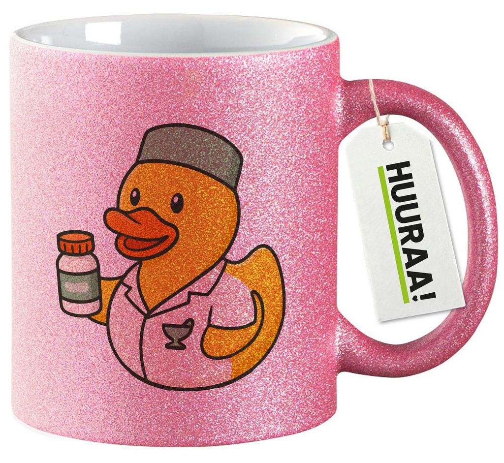 Huuraa Glitzertasse Quietscheente Pharmazie Comic Gummiente 330ml Pink Keramik Kaffeebecher Geschenkidee