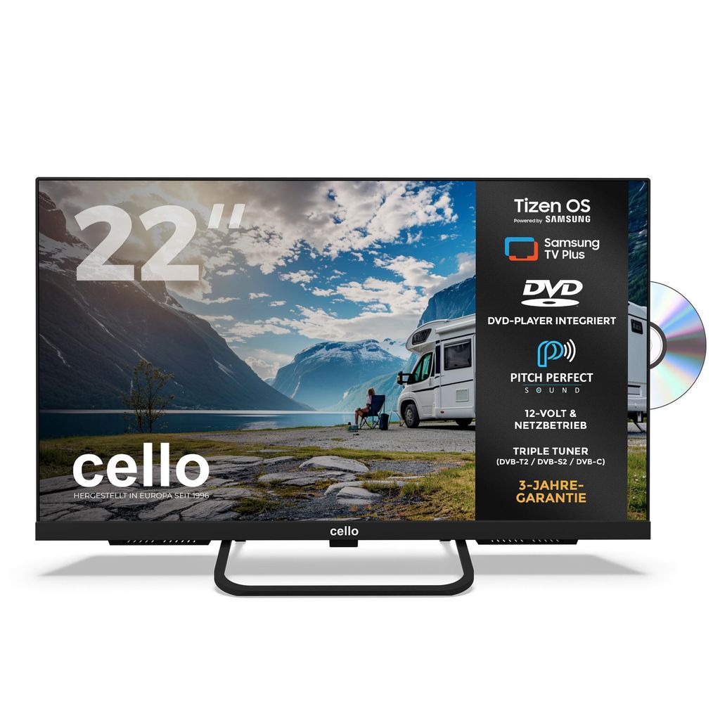 Cello 22′′ Smart Camping LED TV mit DVD Player, Tizen OS, Triple Tuner, Pitch Perfect Sound, 12V/24V/230V Multispannung – für Wohnmobil & Wohnw...