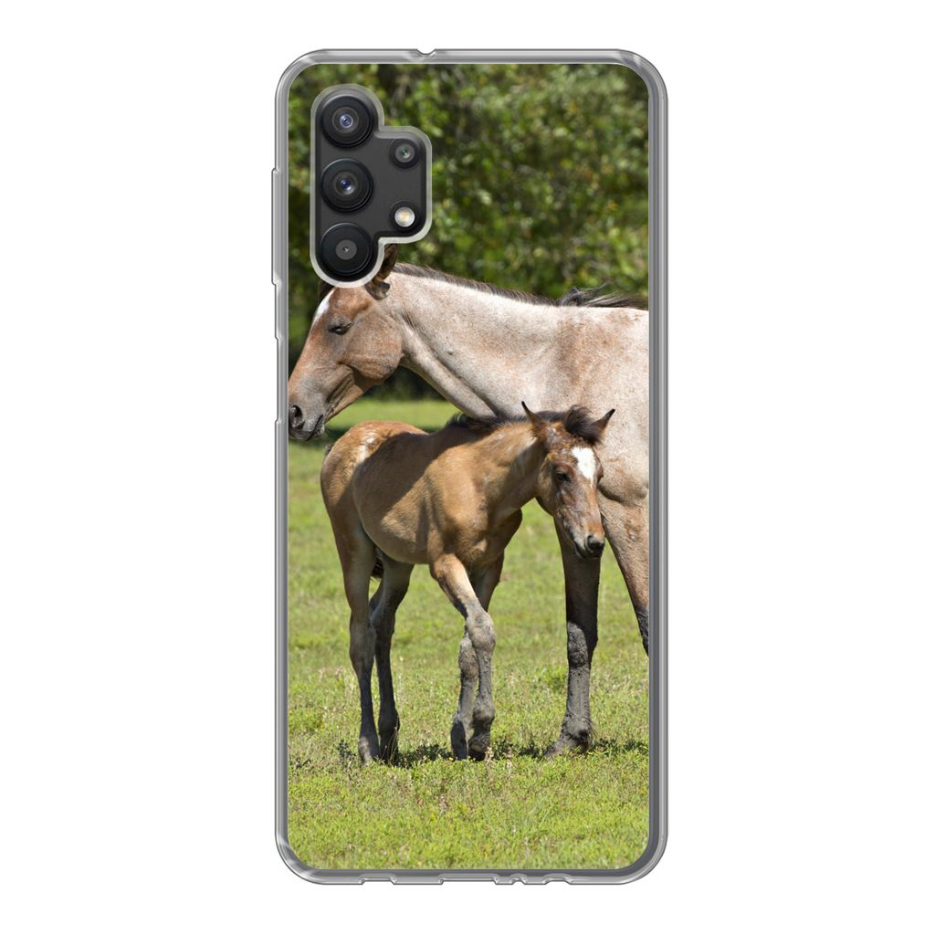 MuchoWow Handyhülle Schutzhülle Hülle für Samsung Galaxy A32 5G Pferde - Gras - Schatten Silikon Softcase Handy Hülle - Softcase