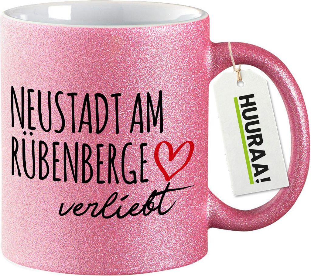 Huuraa Glitzertasse Neustadt am Rübenberge verliebt 330ml Pink Keramik Kaffeebecher Geschenkidee