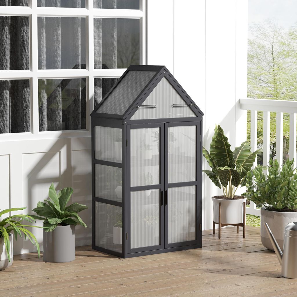 Gewächshaus Holz mit Polycarbonat, Mini Frühbeet Treibhaus, 3 Regalböden, aufklappbares Dach, Grau | 70,5 x 42 x 132 cm | Doppeltür | 10 kg