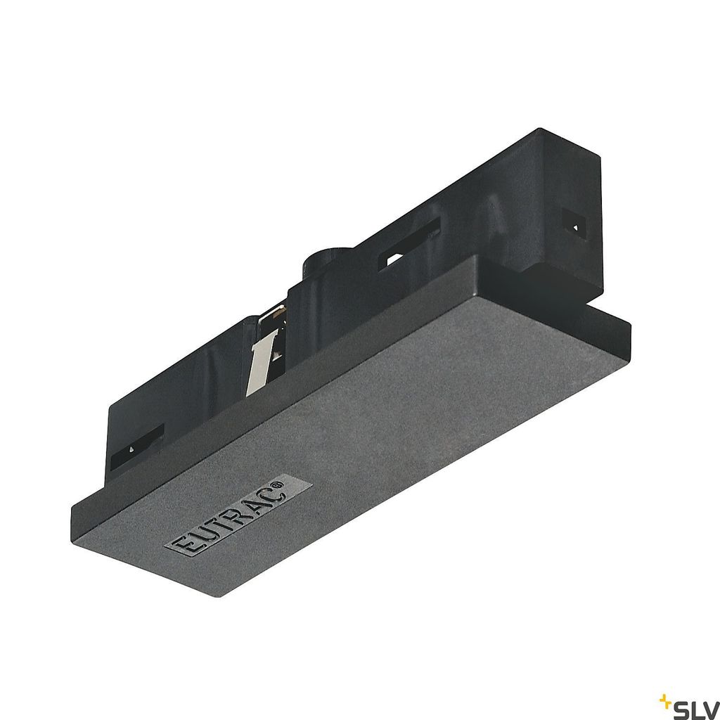 A product shot of a black electrical connector for a track lighting system.