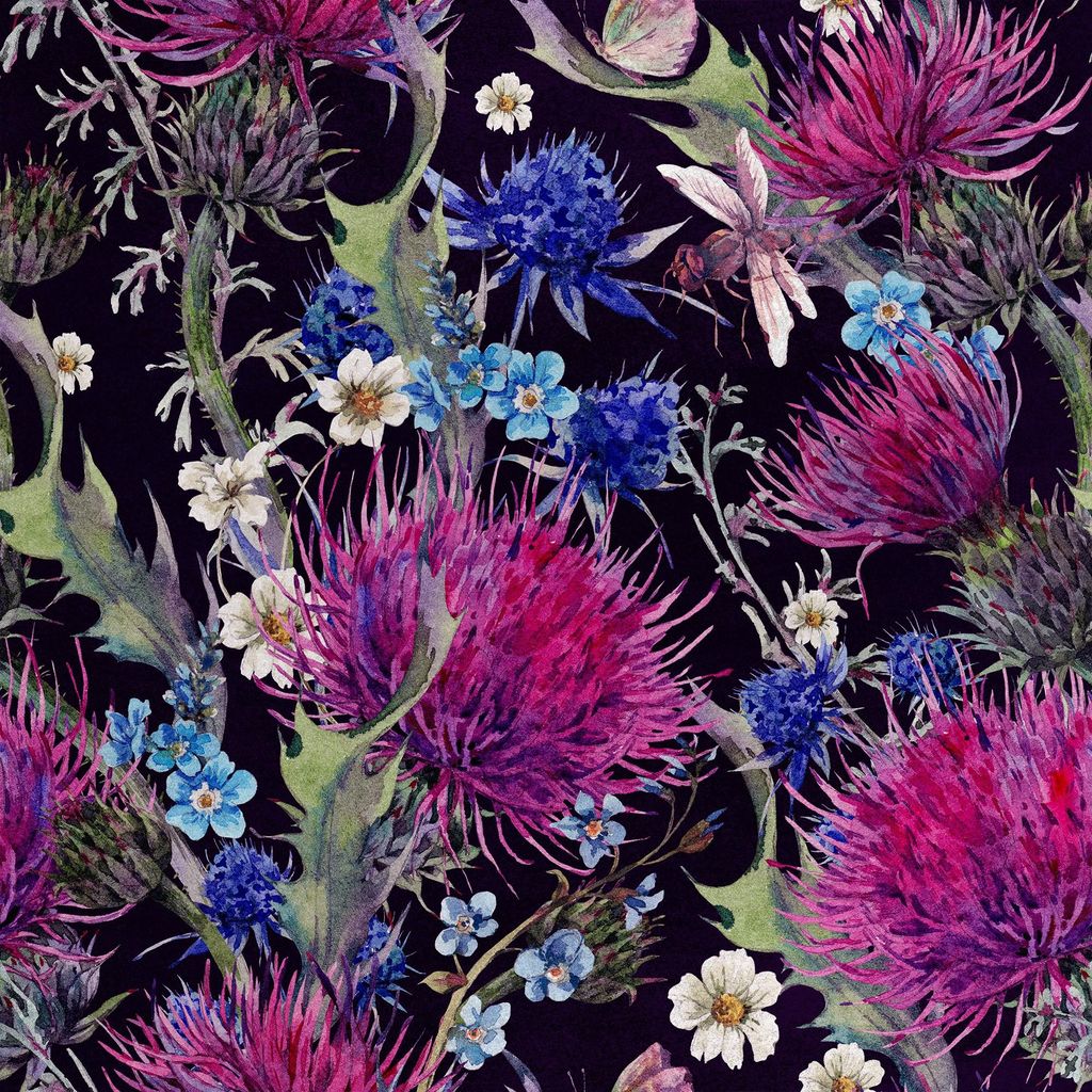 Royal Samt Stoff Polyester Zum Nähen - Motiv Disteln und Blumen