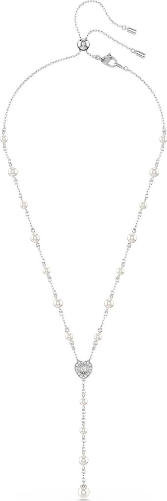 A silver necklace with pearl-like beads and a heart-shaped pendant.