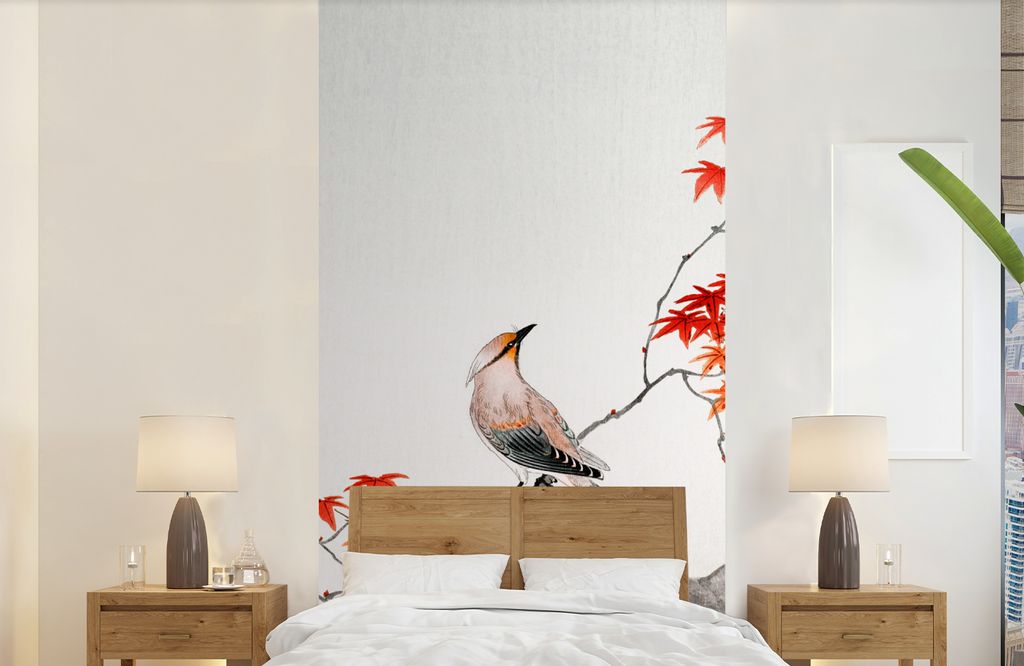 MuchoWow Fototapete für Wohnzimmer oder Schlafzimmer Wandtapete Vinyl Motivtapete Japanischer Ahorn - Skandinavisch - Vogel - Zweig - 120x240 cm...