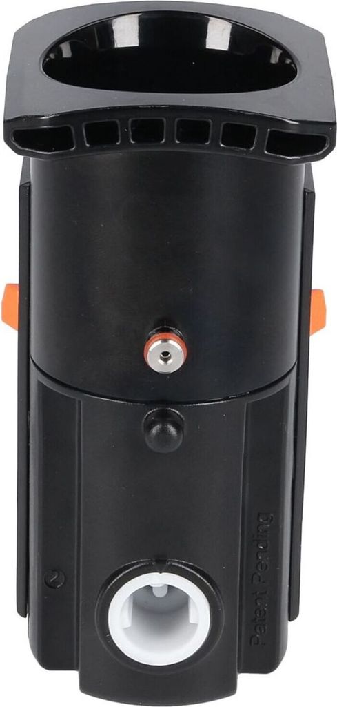 A close-up studio shot of a black coffee machine brewing unit.