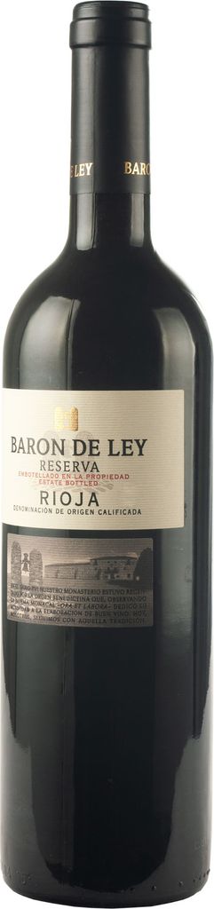 A bottle of Baron de Ley Rioja Reserva wine against a white background.