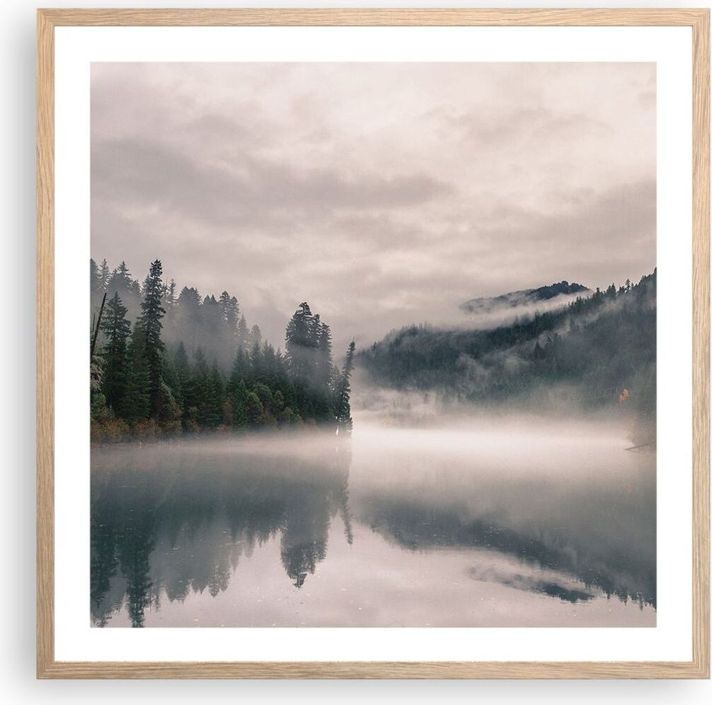 Gerahmtes Poster - Rahmen in heller Eiche - Reflexion Nebel Landschaft - 60x60 cm - Wand Bild - Wanddeko - Wandbilder - Kunstposter - Wandposter - ...