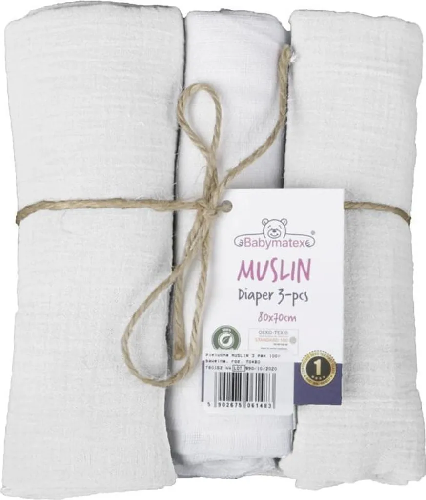 Set de 3 Langes Mousseline Coton 70x80 Blanc - Doux et Absorbants - 5