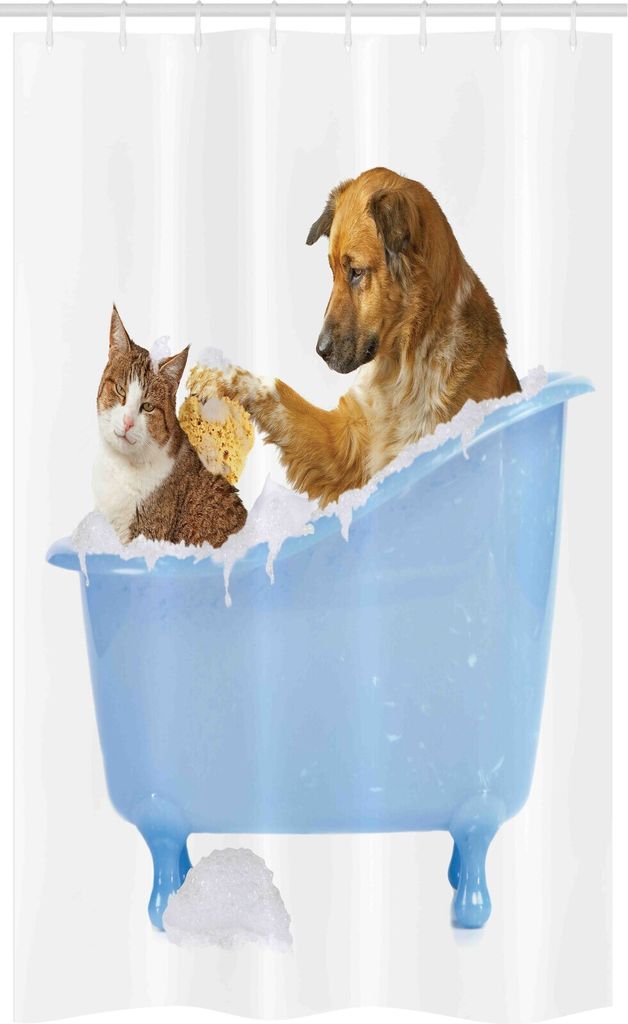 ABAKUHAUS Tiere Schmaler Duschvorhang, Hund und Katze in der Badewanne, Badezimmer Deko Set aus Stoff mit Haken, 120 x 180 cm, Mehrfarbig