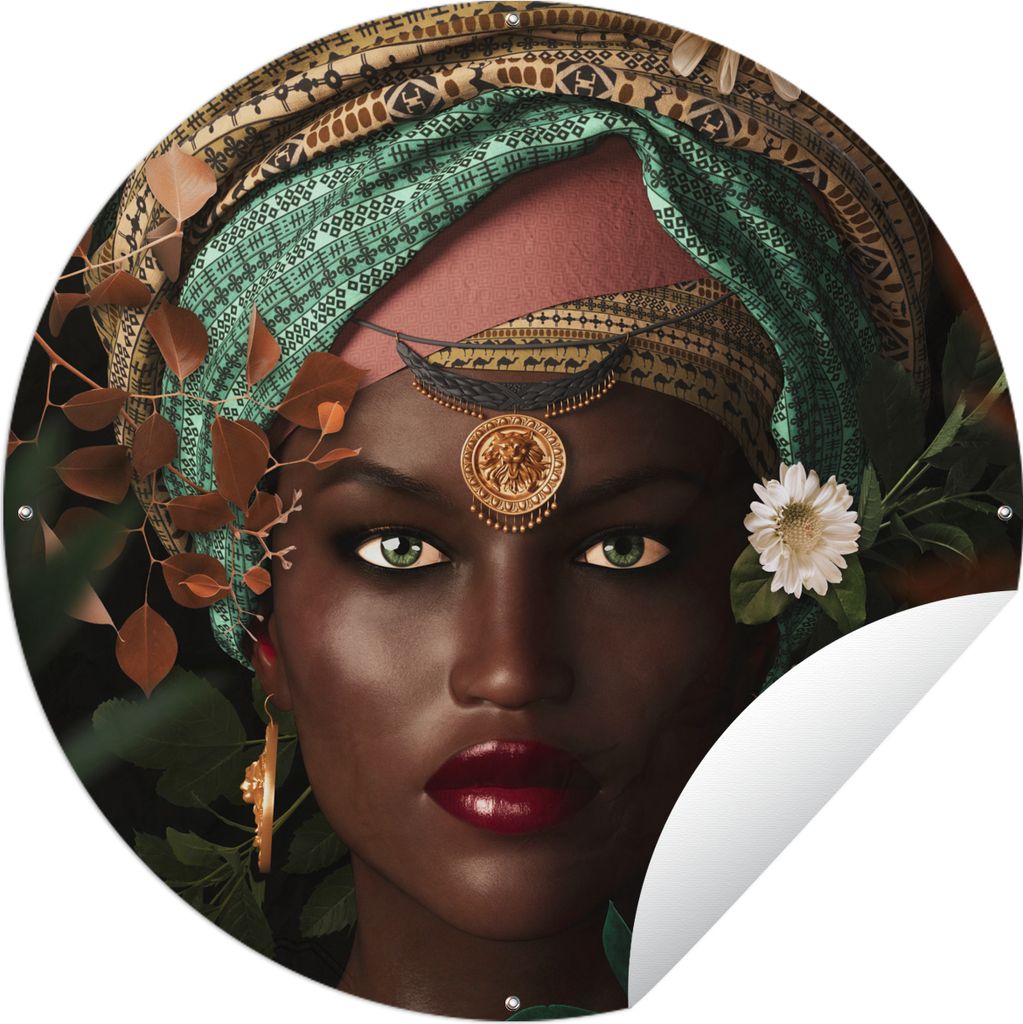 MuchoWow Gartenposter Outdoor-Poster Rund Frau - Blumen - Schmetterlinge - Pflanzen - Schmuck - Luxus Ø 120 cm Gartendeko Rundes Poster draußen