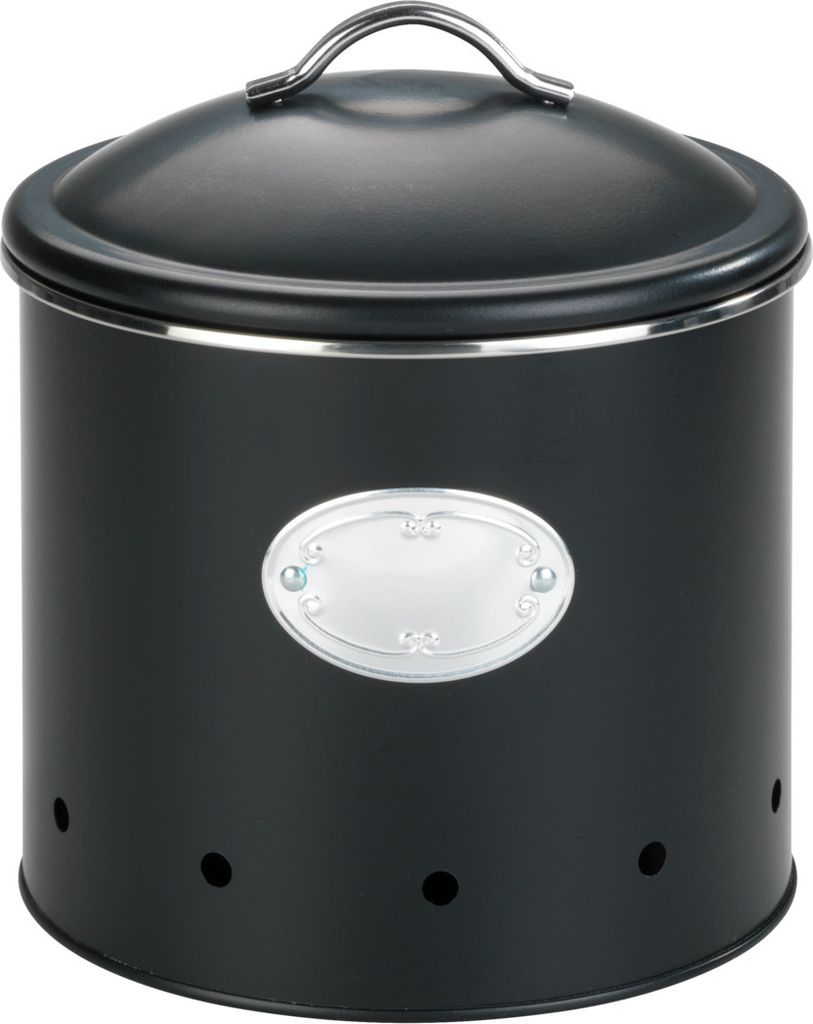 A black storage container with a silver decorative label and a silver handle on the lid.