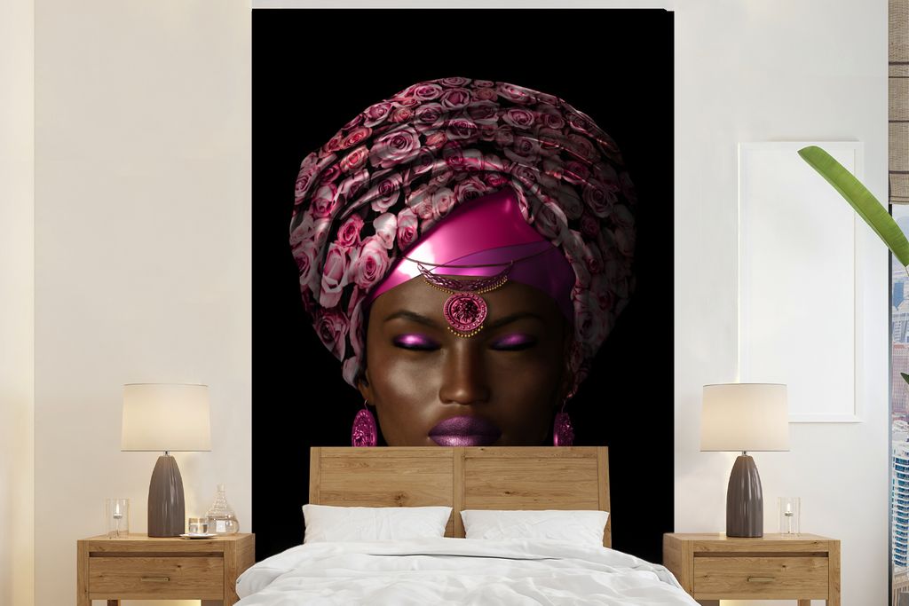 MuchoWow Fototapete für Wohnzimmer oder Schlafzimmer Wandtapete Vinyl Motivtapete Frauen - Accessoires - Rosa - 145x220 cm - Wanddekoration