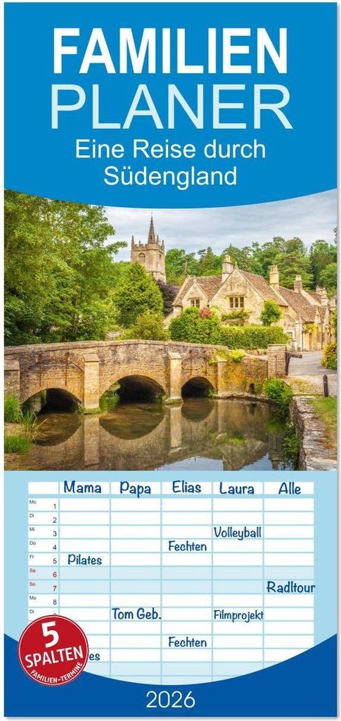 Familienplaner 2026 - Eine Reise durch Südengland mit 5 Spalten (Wandkalender, 21 x 45 cm) CALVENDO
