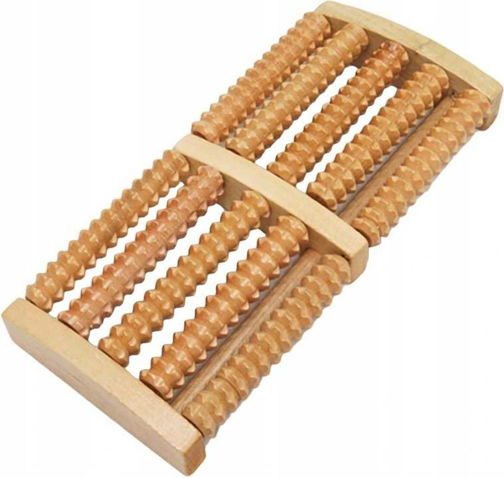 A wooden foot massager with multiple rollers.
