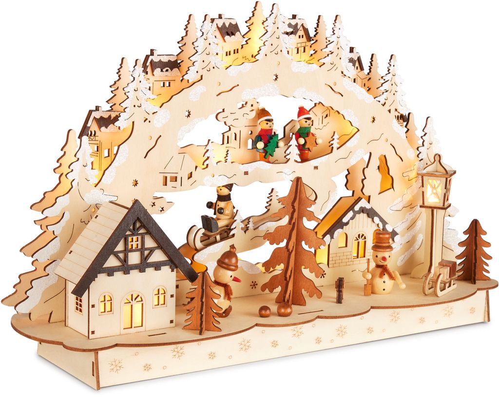BRUBAKER 3D Lichterbogen - LED Schwibbogen - verschneites Winterdorf - Weihnachtsbeleuchtung Holz - 27 x 45 x 12 cm - Handbemalte Weihnachtsdeko
