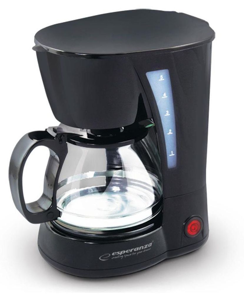 A black Esperanza filter coffee machine with a glass carafe is shown against a white background.