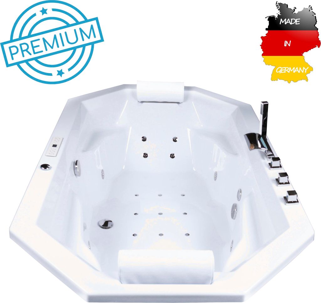 Basera PREMIUM Indoor Podest-Whirlpool Badewanne Bora Bora 200 x 115 cm mit 24 Massagedüsen, Heizung, Ozongenerator, Bodenansaugung, Wasserfall, L...