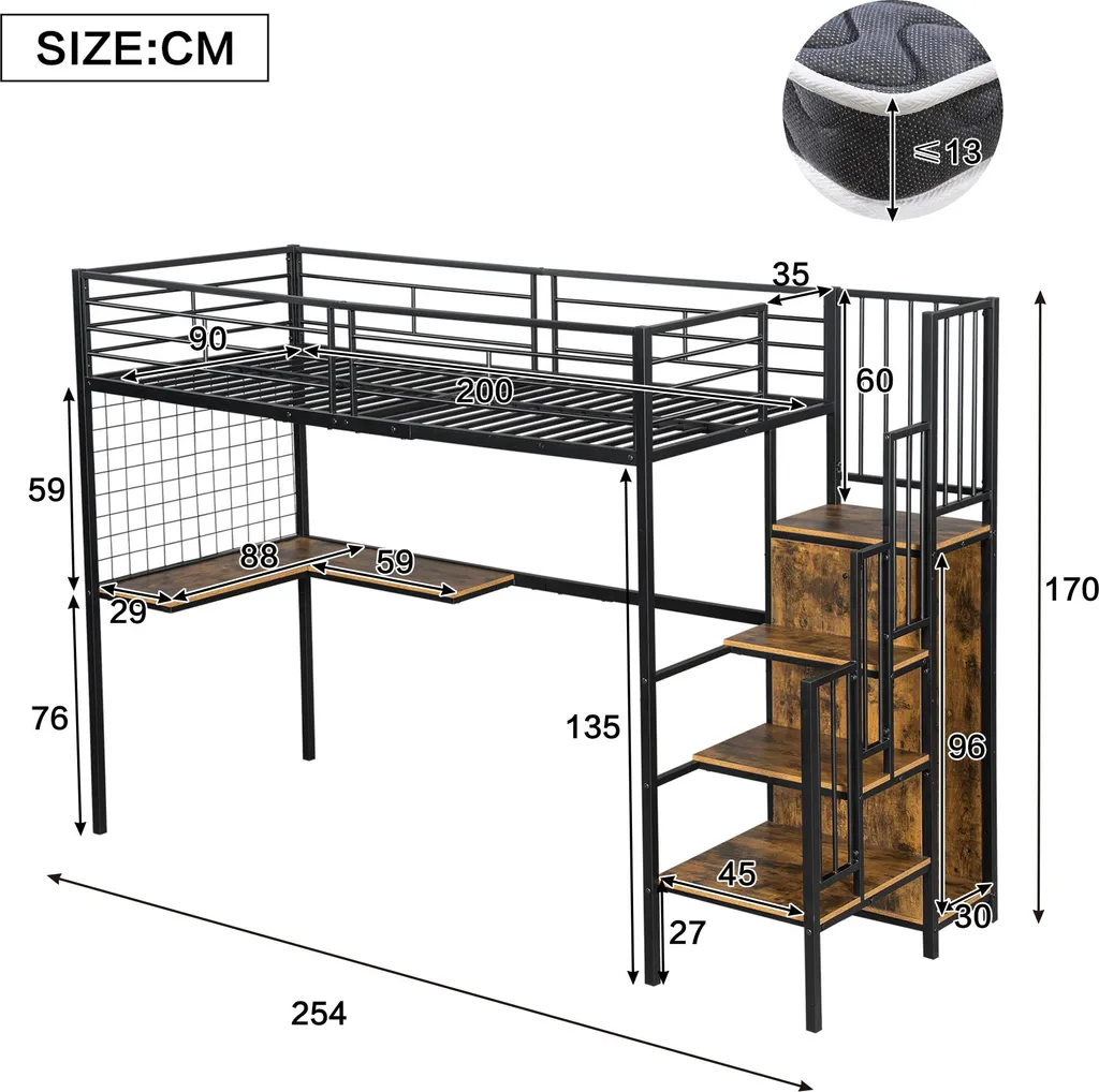 Lit Combiné Mezzanine Junior 90x200 avec Bureau et Armoire Intégrée
