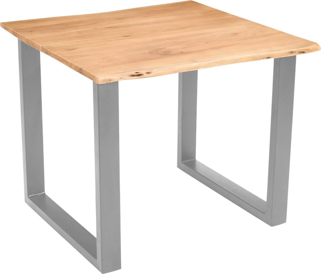 Esszimmertisch 80x80 cm Quinn, echte Baumkante, eichefarben, massiver Esstisch aus Akazienholz, Metallbeine Silber, Baumkantentisch