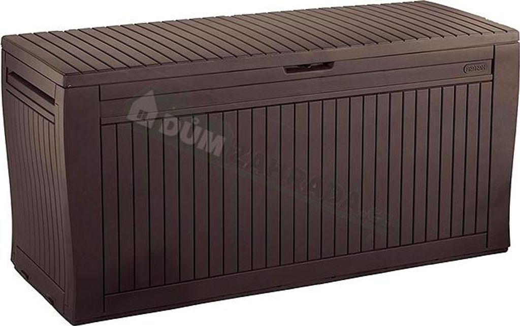 A brown plastic storage box with a slatted lid and front.
