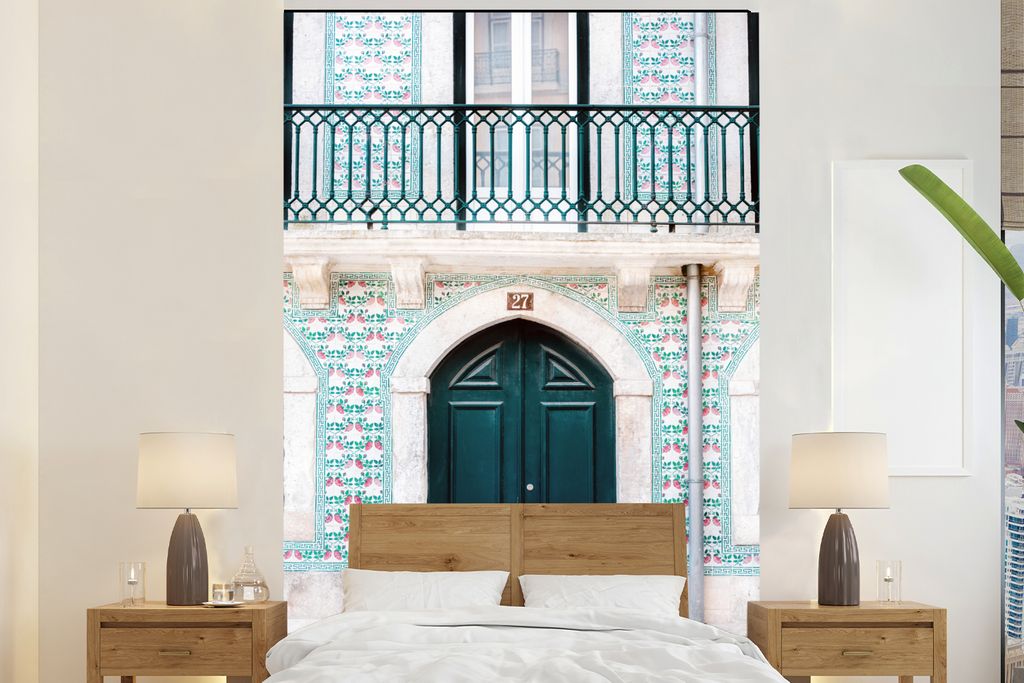 MuchoWow Fototapete für Wohnzimmer oder Schlafzimmer Wandtapete Vinyl Motivtapete Tür - Holz - Grün - Haus - 160x240 cm - Vinyltapete