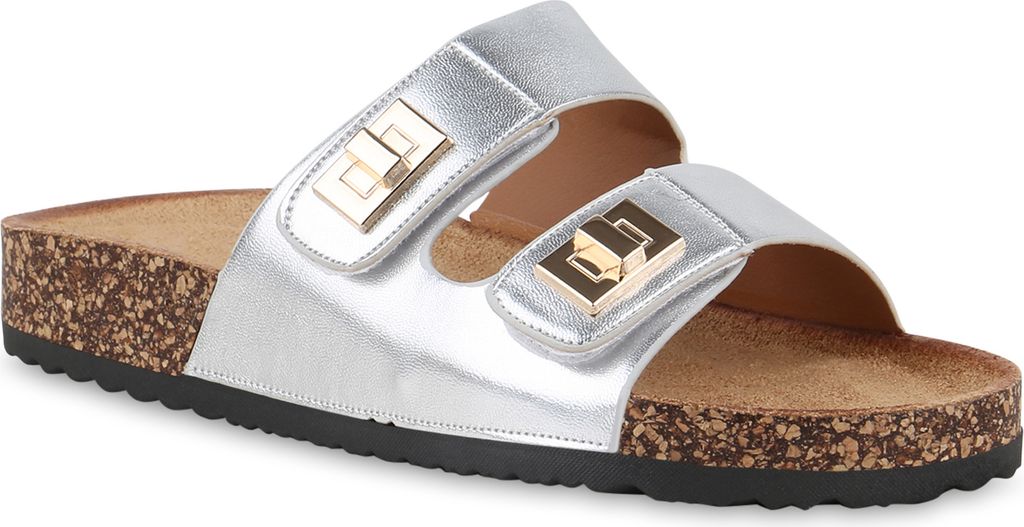 VAN HILL Damen Pantoletten Sandalen Bequeme Profil-Sohle Schuhe 841655, Farbe: Silber, Größe: 36