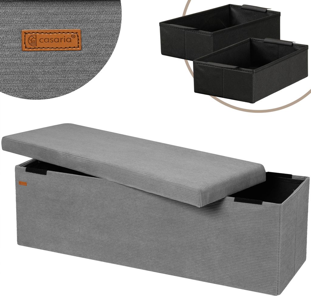 CASARIA Sitzbank mit Stauraum Cord inkl. 2 Boxen Faltbar Sitzbank 300kg Belastbar 76x38cm Truhe für Wohnzimmer Schlafzimmer Flur Truhenbank Bank...
