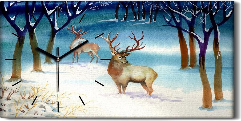 Wandbild Leinwand Bilder Wanduhr 60x30 Gemälde Winter Schnee Wald Hirsche Bäume - schwarze Hände