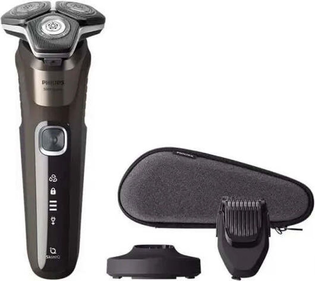 A Philips electric shaver and its accessories are displayed against a white background.