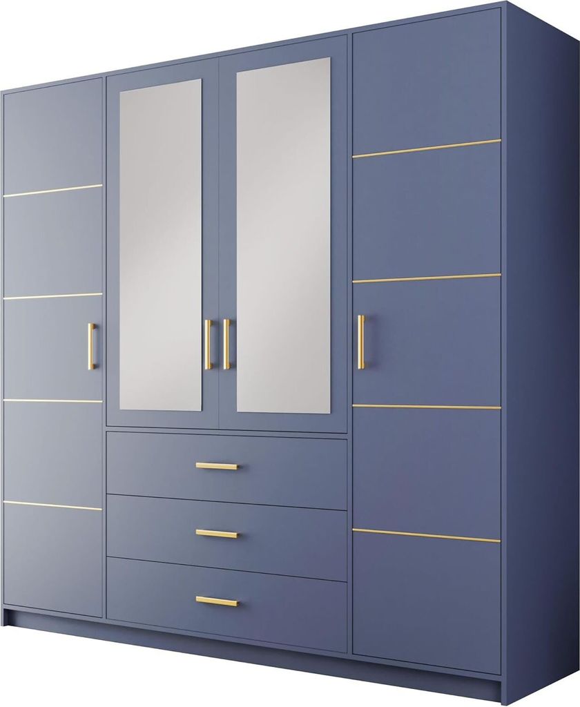 Albello Viertüriger Kleiderschrank mit Spiegel Blame Schlafzimmerschrank Kleiderschrank für das Schlafzimmer Schrank für ein Kind Blau 196x57,5x...